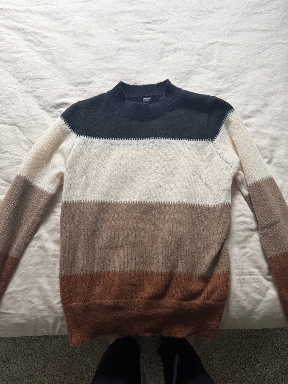 Striped Colorblock Crewneck Sweater in Black, Cream, Taupe & Brown